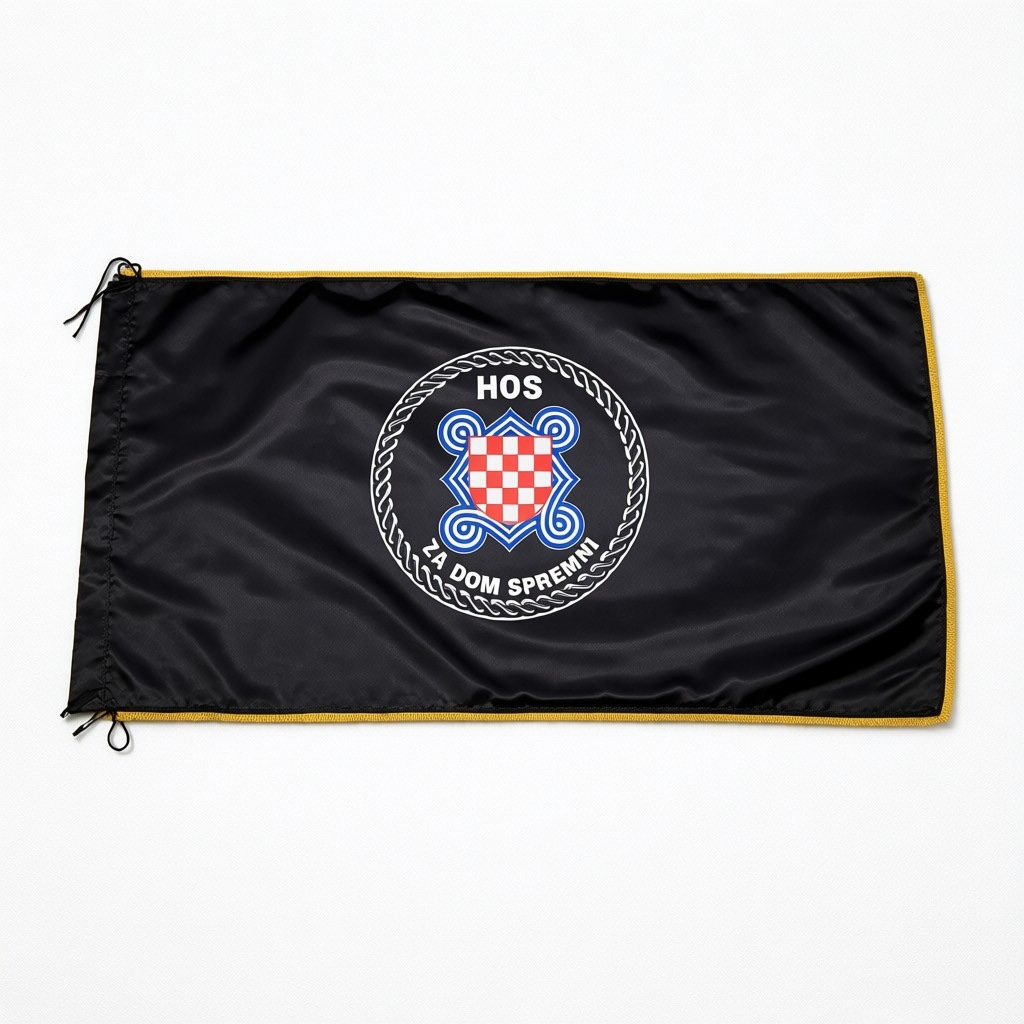 2 HOS Flag with Fringes 145 by 75 Black bag with a logo featuring a checkered design and text on a white background