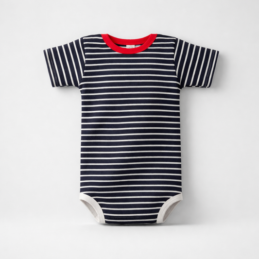 Baby Body Croatian Octopus Navy and white striped baby bodysuit with red interior on a light gray background