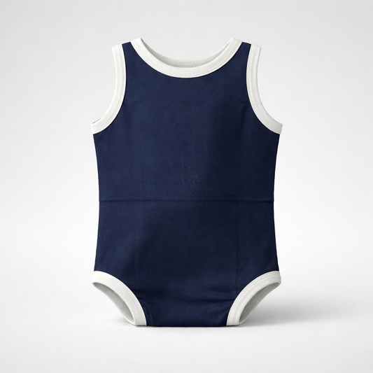 Baby Body Hajduk Split in Navy Navy blue swimsuit with white trim on a light gray background
