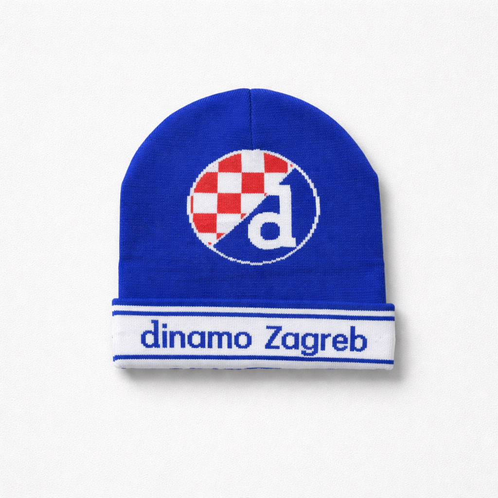 Beanie Dinamo Zagreb Retro in Blue and White Blue beanie with checkered logo and 'dinamo Zagreb' text on a white background