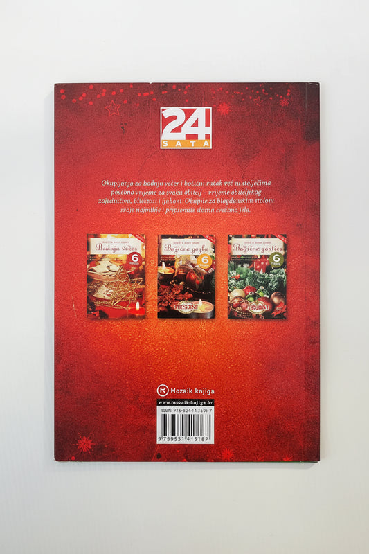 Božićne Slastice – Božić u Mom Domu Red book cover with '24 Sata' branding and images of food packages on a white background