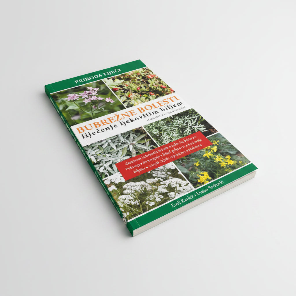 Bubrežne Bolesti – Liječenje Ljekovitim Biljem Book cover with images of plants and text on a white background