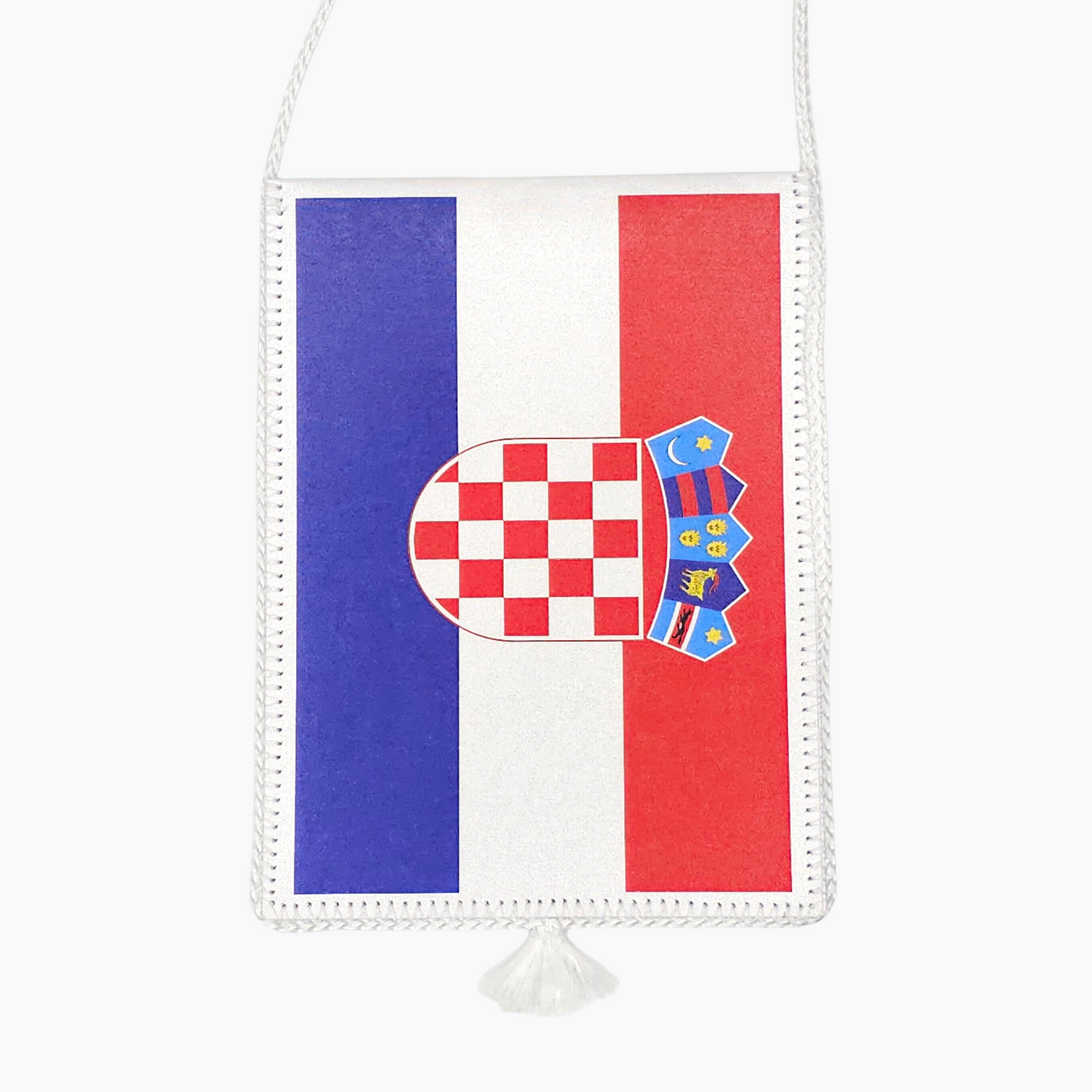 Croatia Horizontal Sheen Car Flag, Croatian flag-themed pouch with a coat of arms on a white background
