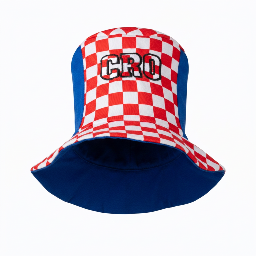 A bucket hat featuring a red and white checkered pattern on the front panel with the word 'CRO' in black outline text, and a solid blue side and underside. Cylinder Hat Croatia