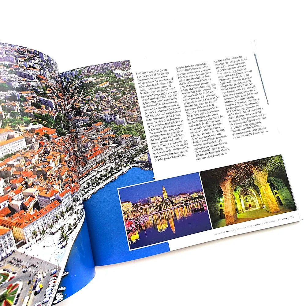 Dalmatia – Dalmatien – Dalmazia Open book showing cityscape images and text on a white background