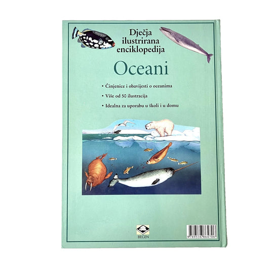 Dječje Ilustrirane Enciklopedije – Oceani Book cover of 'Oceani' with illustrations of ocean animals on a light green background
