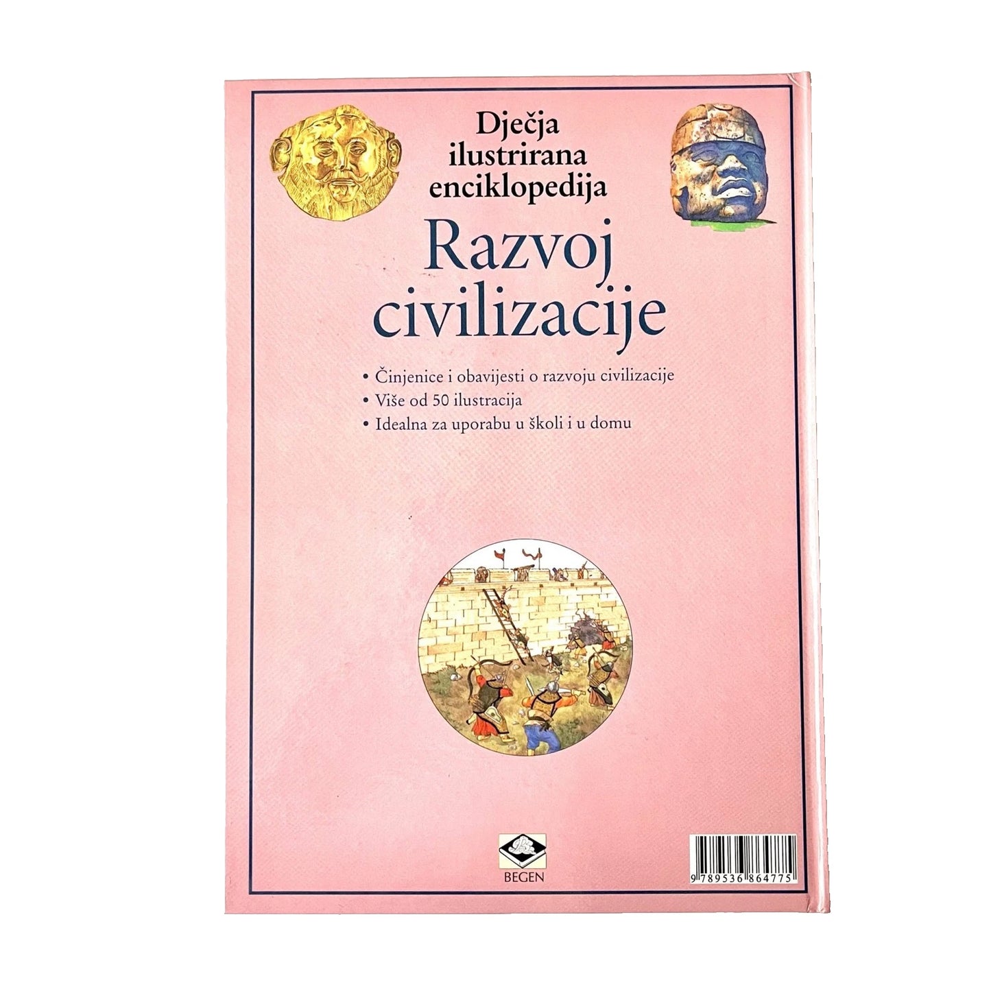Dječje Ilustrirane Enciklopedije – Razvoj Civilizacije Book cover of 'Djecka ilustrana enciklopedija Razvoj civilizacije' with illustrations and text on a pink background