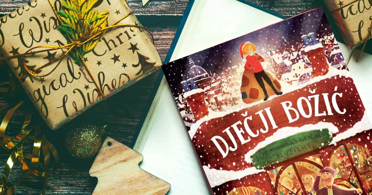 Dječji Božić Christmas card with festive design and gift box on a wooden surface