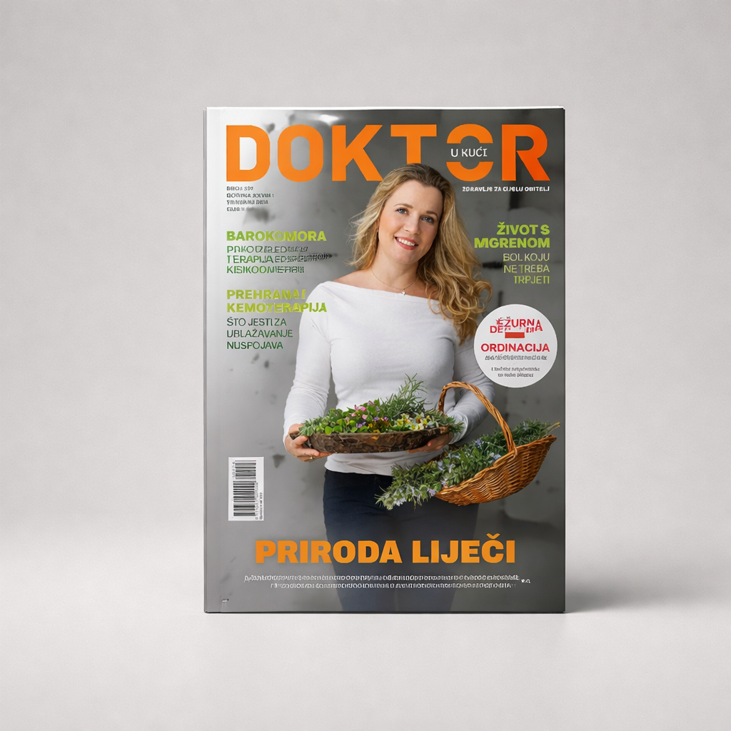 Doktor u Kući Magazine Croatian Magazine cover titled 'Doktor u kući' with a woman holding plants on a gray background