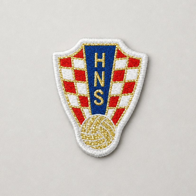 An embroidered shield-shaped patch featuring a red and white checkered pattern, a blue vertical panel with gold 'HNS' lettering, and a gold soccer ball motif at the bottom, set against a plain light gray background. HNS Clothes Patch snc shopncro