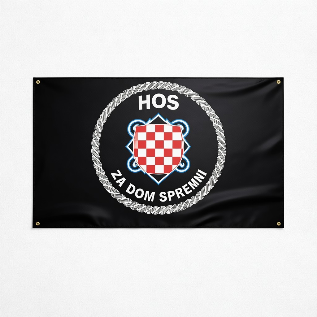 HOS Flag single sided 150x90 Black flag with a red and white checkered emblem and text on a white background