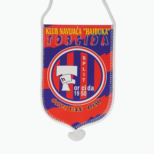 Hajduk Torcida 2-Sided Car Flag. Felt flag with 'Hajduk' branding and text on a white background