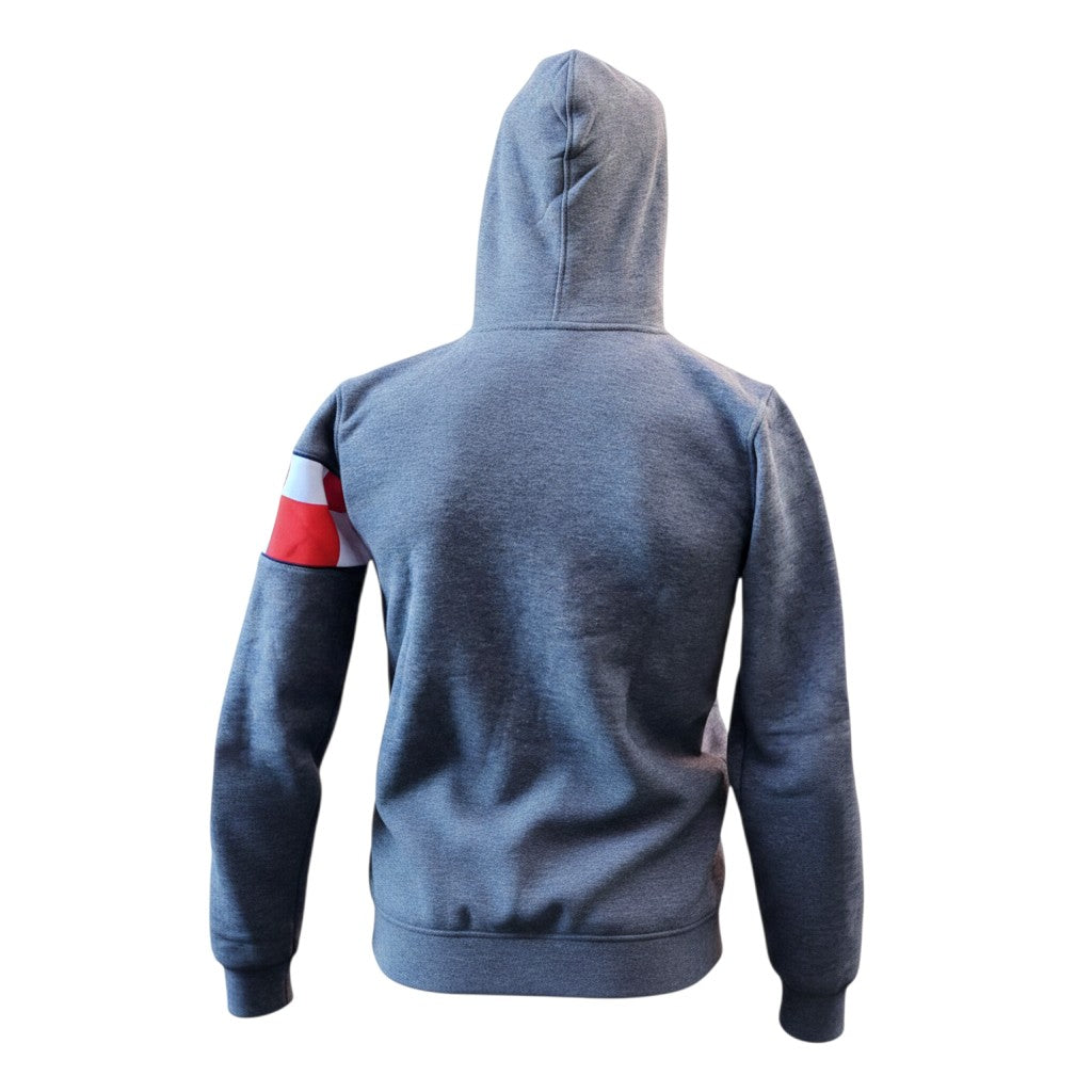 Hoodie Croatia in Grey - Gray hoodie with a red and white sleeve patch on a white background
