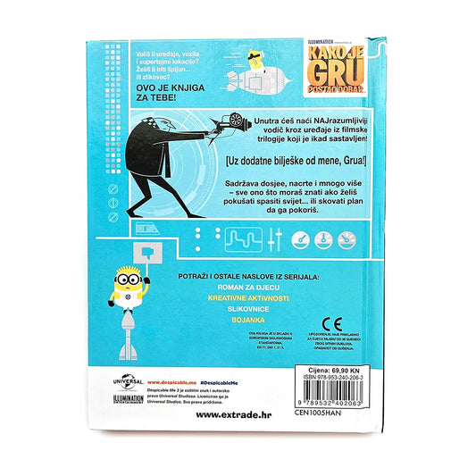 Kako je Gru Postao Dobar – Kompletni Vodič Kroz Filmsku Trilogiju Back cover of a book with cartoon characters and text on a blue background