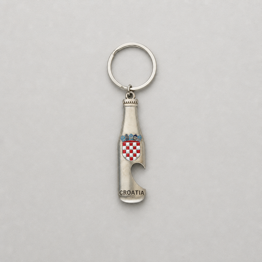 Keyring Croatia with Bottle Opener A silver-tone metal keychain shaped like a Croatia wine bottle opener, featuring the Croatian coat of arms and the word 'CROATIA' engraved at the bottom, shown on a neutral gray background.