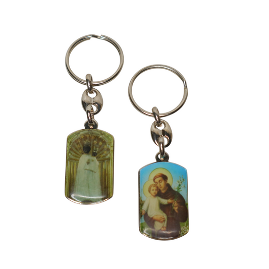 Keyring Saint Anthony of Padua & Virgin Mary Double-Sided Two keychains with religious-themed images on a white background
