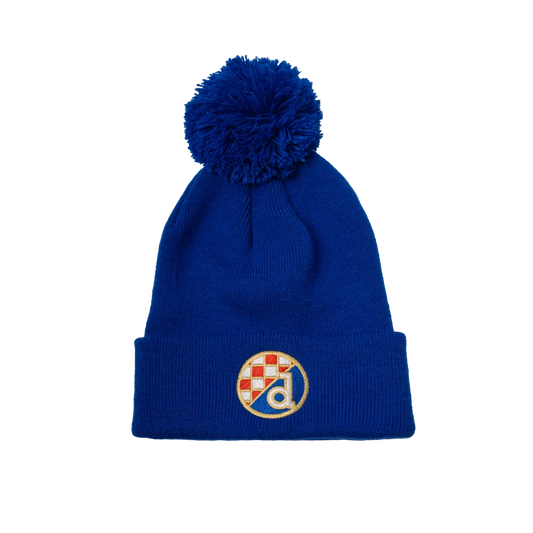 Kids Beanie Dinamo Zagreb Pom Pom Blue beanie with a pom-pom and embroidered logo on a white background