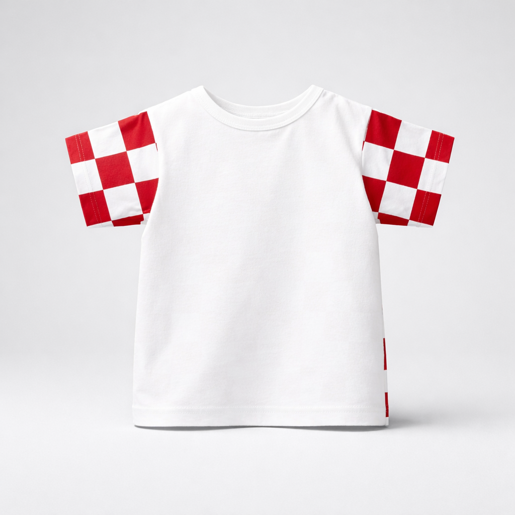 Kids T-shirt Croatia Checks White t-shirt with red and white checkered sleeves on a light gray background