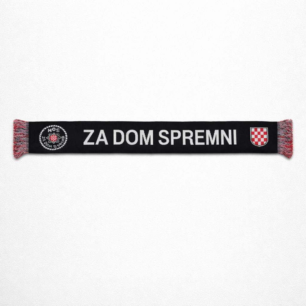 Knitted Scarf HOS Za Dom Spremni Black scarf with text and logos on a white background