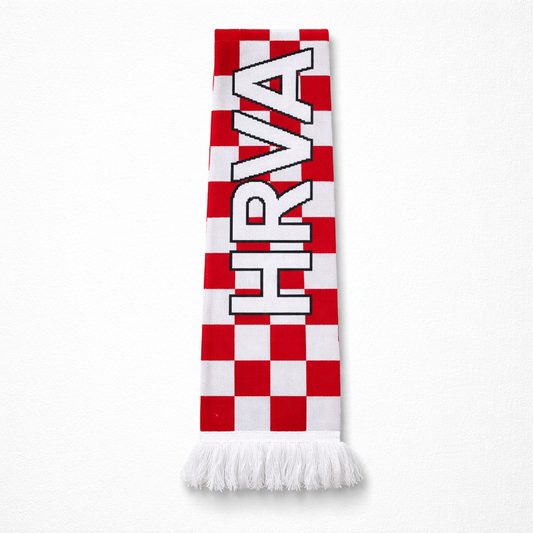 Knitted Scarf Hrvatska Checkered scarf with 'HRVATSKA' text on a white background