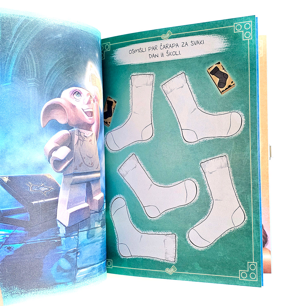 Lego Harry Potter - Spomenar iz Hogwartsa Open book showing a cartoon elephant and patterned sock designs on a green background.