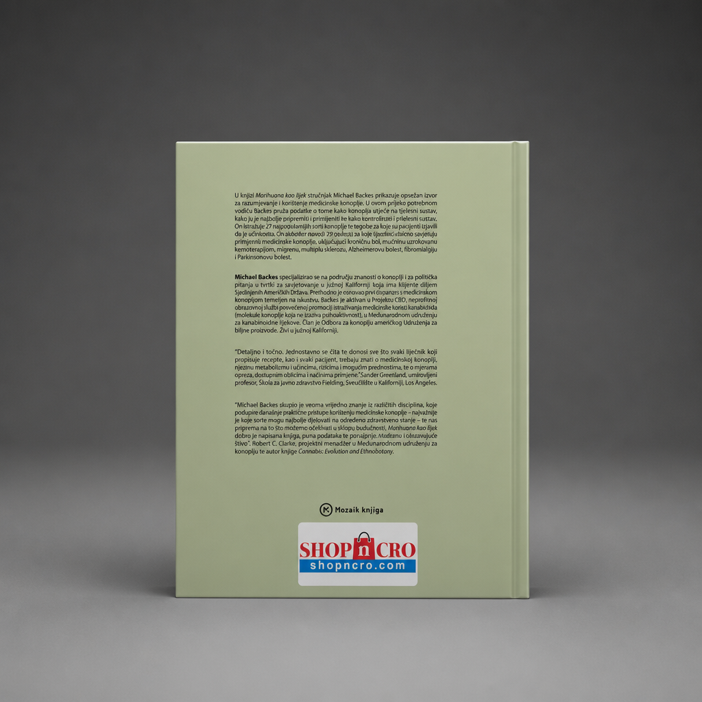 Marihuana Kao Lijek - Croatian Guide to Medical Cannabis Green book with text on a gray background, featuring Shophero logo.