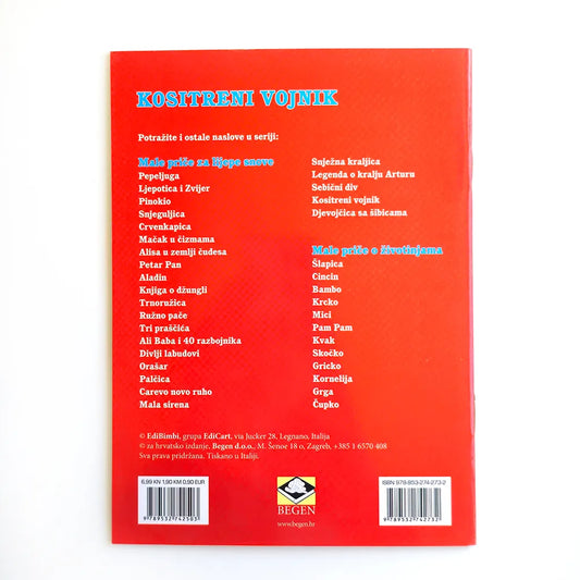 Mini Slikovnica – Kositreni Vojnik Back cover of a book with text and a logo on a red background