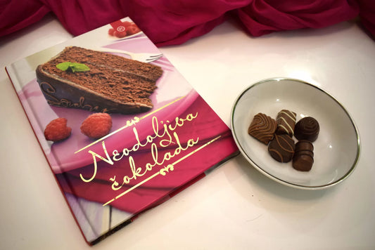 Neodoljiva Čokolada | Croatian Chocolate Dessert Cookbook Book about chocolate with a bowl of truffles on a white surface shopncro