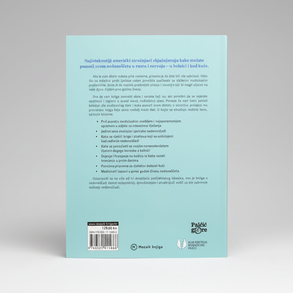 Njega i Zdravlje Nedonoščadi – Ina May Gaskin Back cover of a book with text and branding on a light blue background