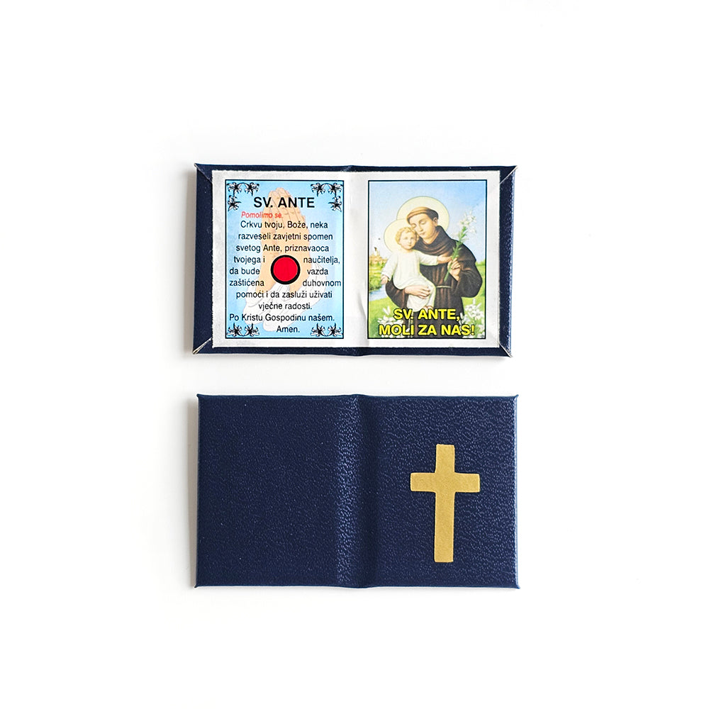 Pocket Prayer Wallet Size Two framed religious cards with a blue pouch featuring a gold cross on a white background