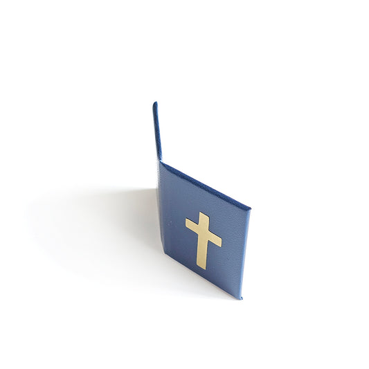 Pocket Prayer Wallet Size Blue card with a gold cross on a white background