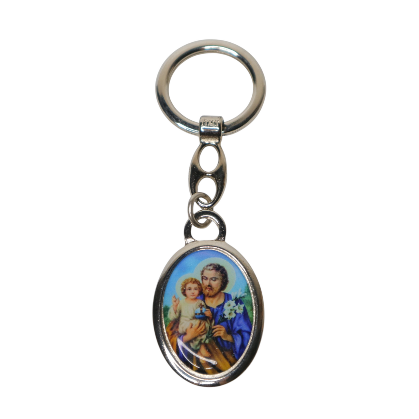 Religious Croatian Metal Keyring – Dual‑Sided Devotional Pendant Keychain with Saint Joseph and child Jesus illustration on a white background