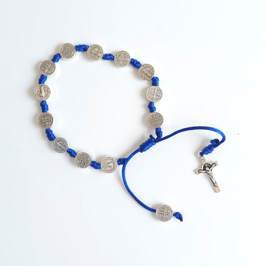 Saint Benedict Adjustable Bracelet with Cross (Blue)