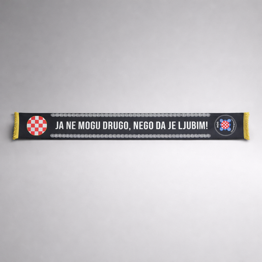 Silk Scarf HOS Ja Ne Mogu Drugo, Nego Da Je Ljubim Scarf with text and flags on a gray background