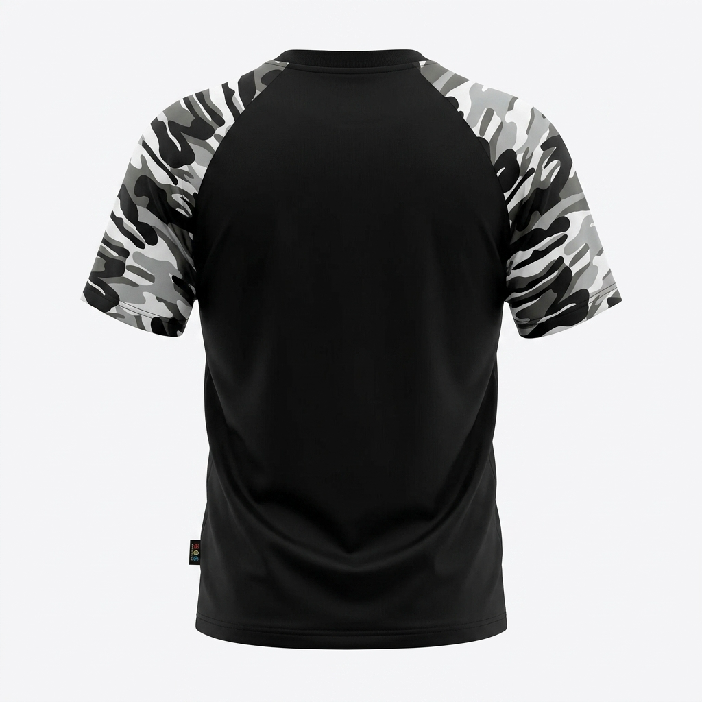 T-shirt Croatia Camo Prvo Bijelo Polje in black Black t-shirt with camouflage sleeves on a white background