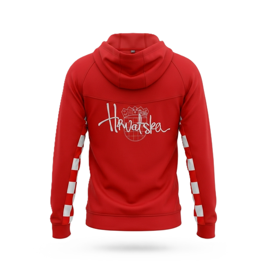 Tracksuit Croatia in Red Red hoodie with white text and designs on a white background