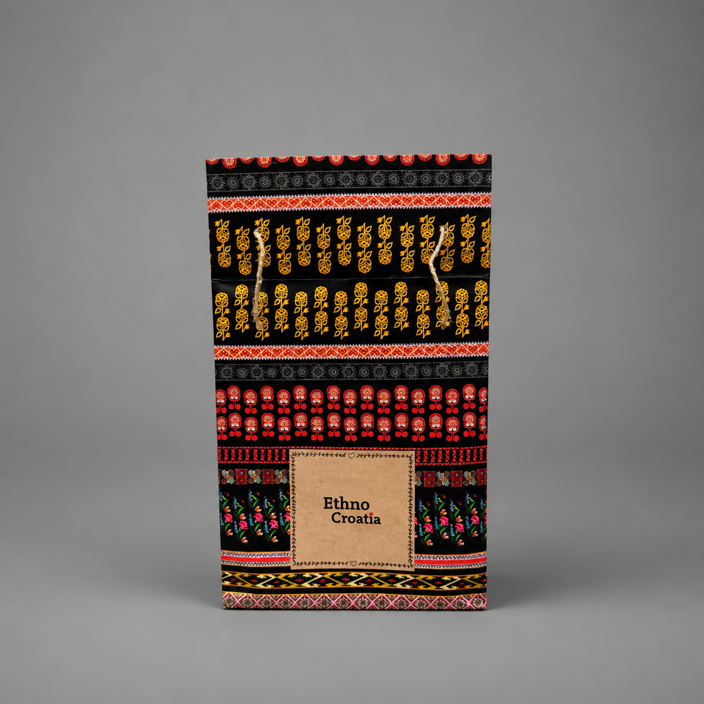 Traditional Gift Bag Ethno Croatia Decorative package with ethnic patterns and 'Ethno Croatia' text on a gray background