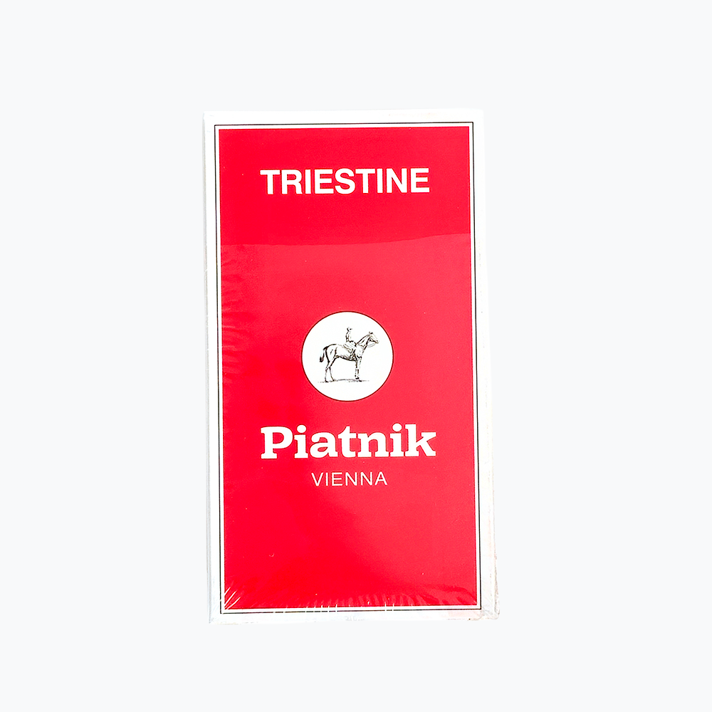 Triestine Piatnik Vienna Playing Cards Red card deck packaging with 'Triestine' and 'Piatnik Vienna' text on a white background