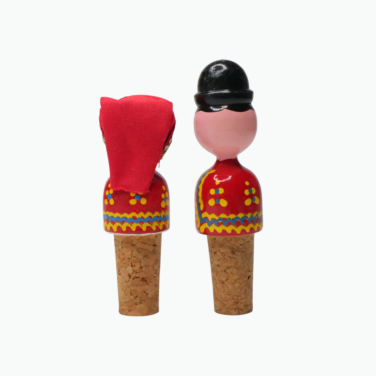 Wine Cork Boy & Girl Set Two cork stoppers with colorful designs and hats on a white background