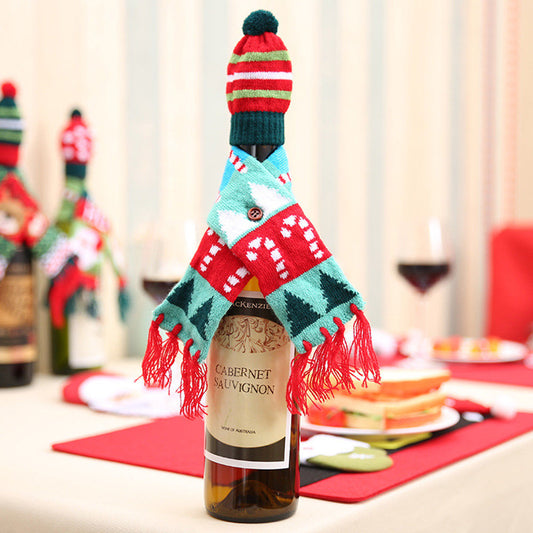 Christmas Bottle Cover – Knitted Scarf & Hat Set (Santa, Reindeer & Candy Cane)