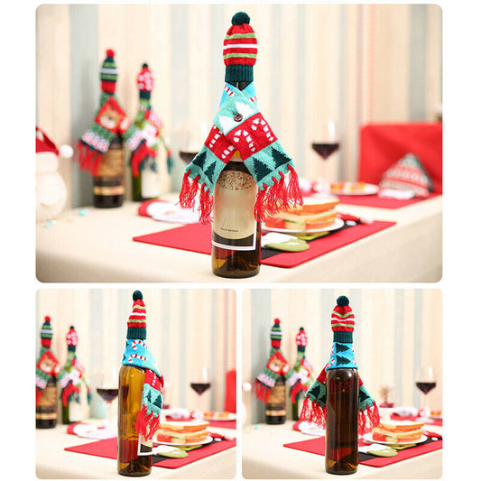 Christmas Bottle Cover – Knitted Scarf & Hat Set (Candy Cane)
