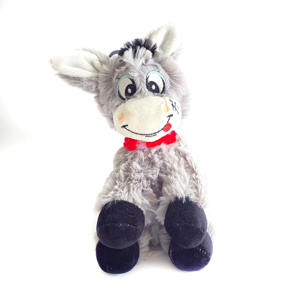 Croatian Plush Donkey - Magarac Plush donkey toy with a red bow on a white background