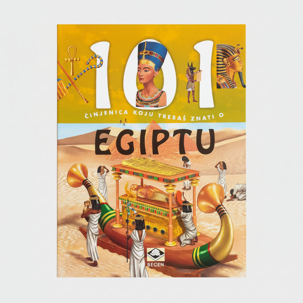 101 Činjenica Koju Treba da Znaš o Egiptu Book cover of '101 Things You Should Know About Egypt' with Egyptian-themed illustrations on a yellow background.