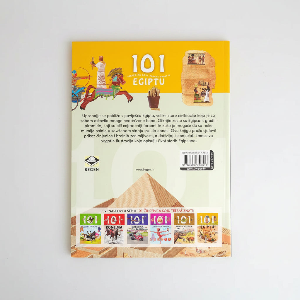 101 Činjenica Koju Treba da Znaš o Egiptu Book cover with illustrations of ancient Egypt and text on a yellow background