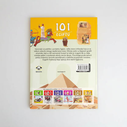 101 Činjenica Koju Treba da Znaš o Egiptu Book cover with illustrations of ancient Egypt and text on a yellow background