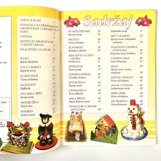 Naše Najljepše – Salate Open book with a yellow cover displaying text and images of decorative cakes.