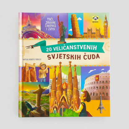 20 Veličanstvenih Svjetskih Čuda Book cover with colorful illustrations of famous landmarks and text in a foreign language