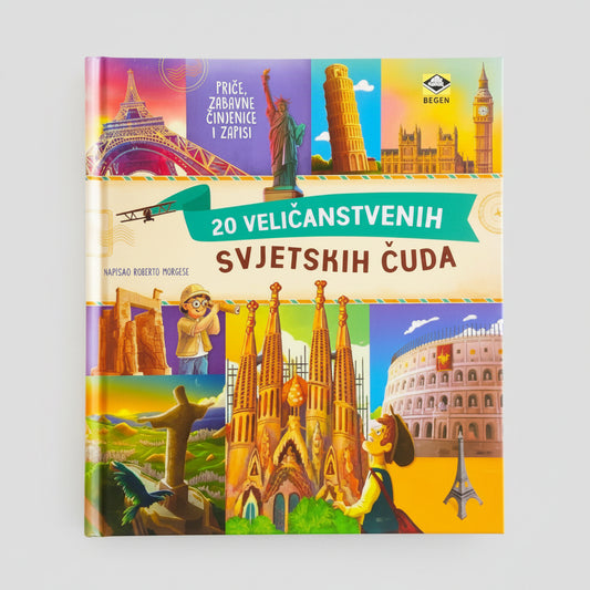 20 Veličanstvenih Svjetskih Čuda Book cover with colorful illustrations of famous landmarks and text in a foreign language