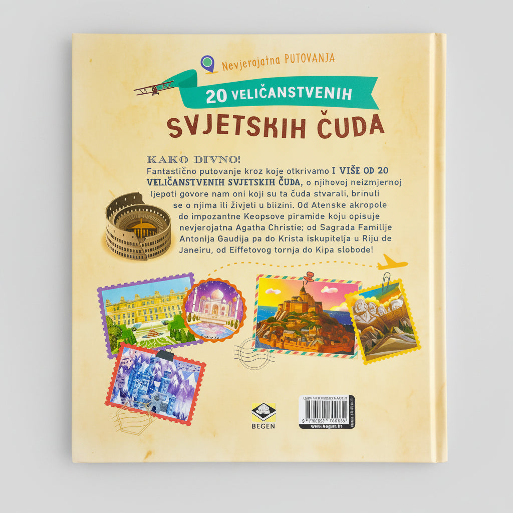 20 Veličanstvenih Svjetskih Čuda Book cover with travel-themed illustrations and text in a foreign language