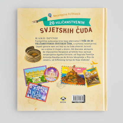 20 Veličanstvenih Svjetskih Čuda Book cover with travel-themed illustrations and text in a foreign language